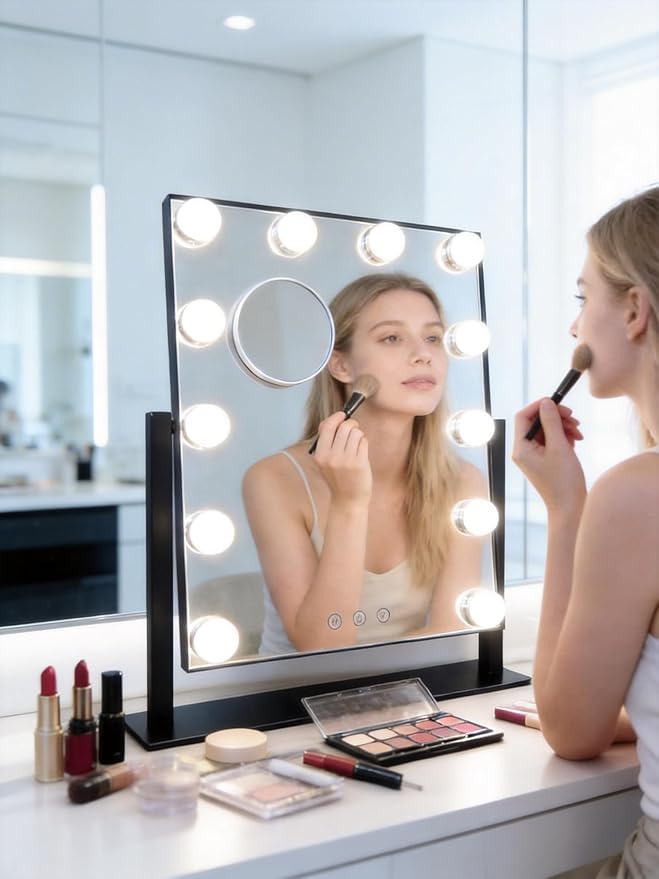Makeup Vanity Mirror with Lights LED Makeup Mirror Detachable 10X Magnification, Hollywood Make Up Mirror with Lighting, Smart Touch, Rechargeable,360° Rotation, Black 17.12"x13.77"