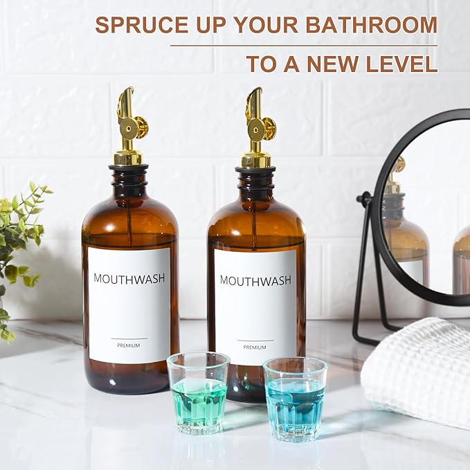 Mouthwash Dispenser for Bathroom, Glass Mouthwash Dispenser with Cup, Mouth Wash Container Bottle with Cup, Refillable Mouthwash Decanter, Amber, 2 Pack, 17oz