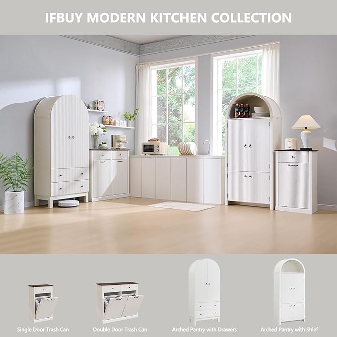 IFBUY Modern Double Tilt-Out Laundry Hamper Cabinet, 20 Gallon Fluted Trash Can Cabinet w/2 Drawers, Wooden Hidden Garbage Can Cabinets with Laundry Basket, for Bathroom and Kitchen, Antique White
