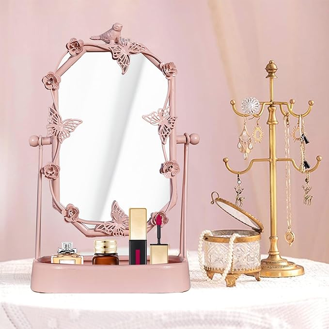 HSDDHOME Vintage Pink Gold Tabletop Makeup Mirror, Bird & Butterfly Decorative Vanity Mirror, 12.8” x 8.2” Retro Metal Standing Mirror for Dresser, Bedroom, and Bathroom (Pink)