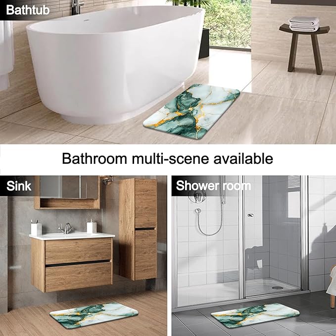 Lnond 4Pcs Marble Bathroom Sets with Shower Curtain and Rugs,Green Gold Marble Modern Art Bathroom Shower Curtain Sets with Rugs and Accessories