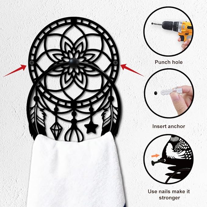 MAYJOYDIY Pumo Metal Towel Ring Round Floral Dream Catcher Net Hand Towel Holder Ring Hanger Black Vintage Towels Wall Organizer for Kitchen Bath Home Laundry Room Decors Gifts