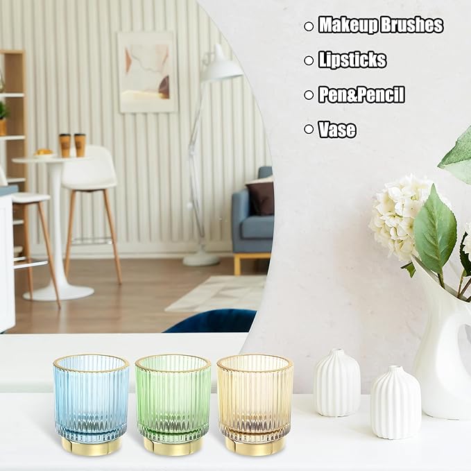 VOCOSTE Makeup Brush Holder Organizer, Glass Makeup Brushes Holder, Cosmetic Brushes Storage Holder, Dresser Striped Vase Make Up Brush Cup Eyeliners for Desktop, Green, S Size