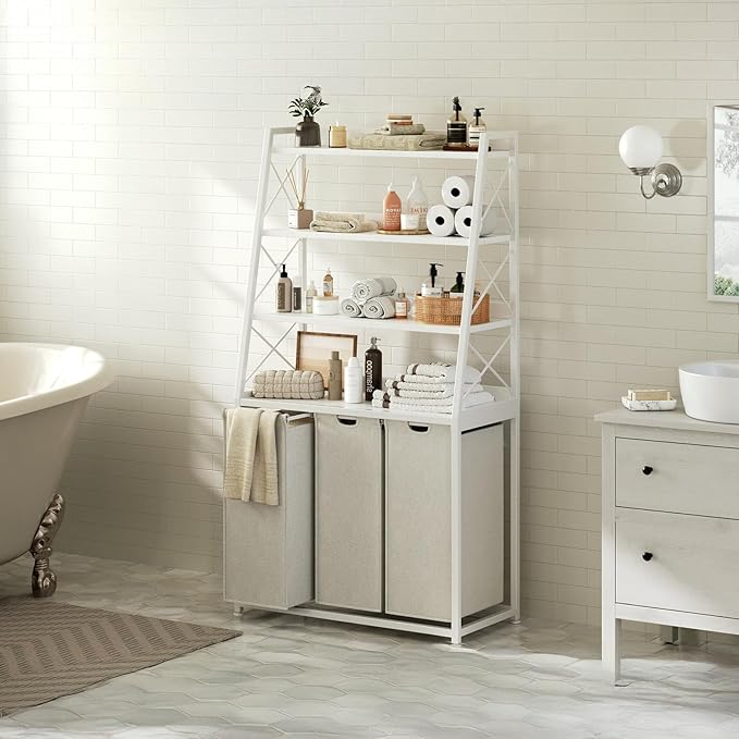 Herture Laundry Basket, 3 Section Laundry Hamper with 4 Tiers Shelf, Pull-Out and Removable Laundry Bags, Large 3 x 15.87 Gallons, for Laundry Room Bathroom White PF05XLW