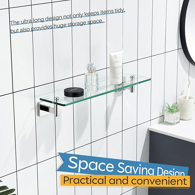 KOKOSIRI 20-Inch Bathroom Shelves Glass Floating Shelf Toilet Roll Holder Toilet Paper Holder Stainless Steel Polished Chrome B1105CH-L20+B2005CH