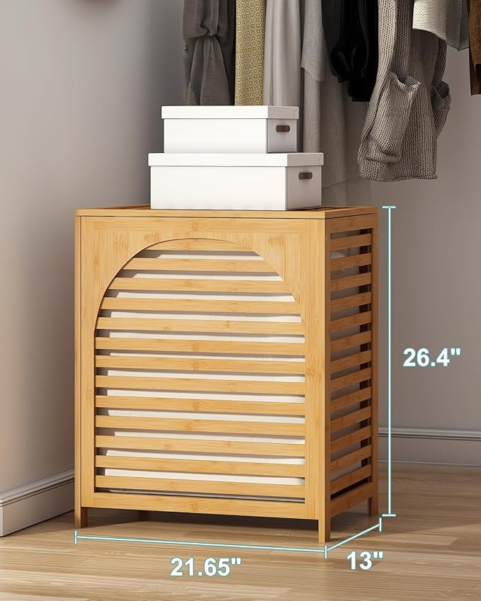 Laundry Hamper with Lid, 27.3 Gallon (103L) Bamboo Wood Clothes Laundry Basket with Lid and Handles, Removable Liner