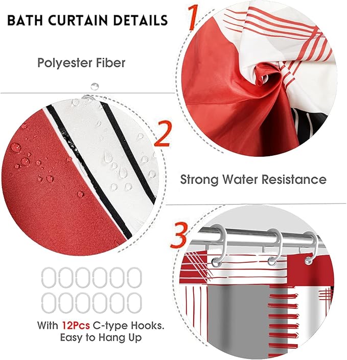 All Smiles Red Shower Curtain Sets with Non-Slip Rugs,Toilet Lid Cover and Bath Mat, Black and Gray Bathroom Decor Set Accessories Waterproof Shower Curtains