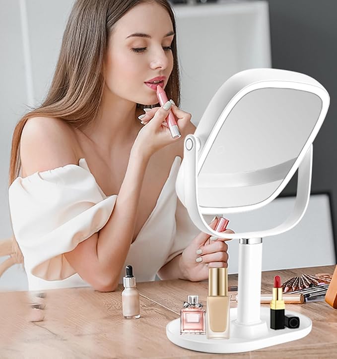 Lighted Makeup Mirror with Lights and Magnification,1x/10x Magnifying Mirror with Light Rechargeable,Height Adjustable Vanity Mirror with 3 Color Lights Double Sided 360° Rotation,Gifts for Women