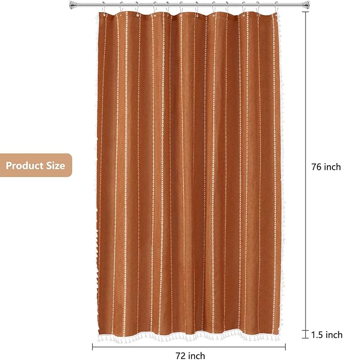 72 x 76 inch Extra Long Boho Chic Shower Curtain Heavyweight with Tassels, Sunset Orange Linen Textured Fabric Farmhouse Shower Curtain, Elegant White Striped Bathroom Curtain Water Repellent
