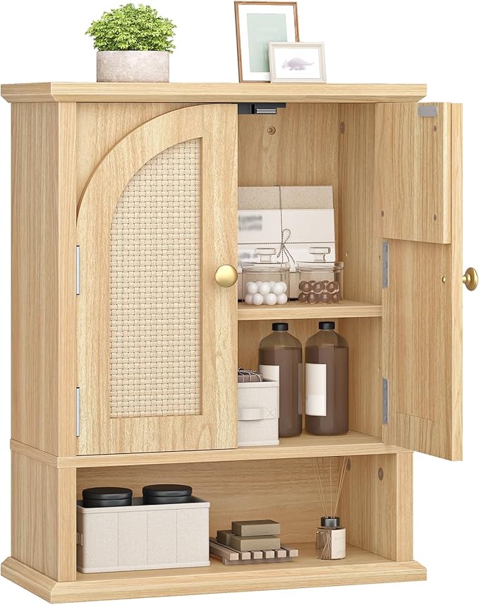 HOOBRO Arched Rattan Wall Cabinet for Bathroom, Over Toilet Storage Cabinet with Doors and Open Shelf, Farmhouse Medicine Cabinet with Adjustable Shelf for Bathroom Kitchen, Natural