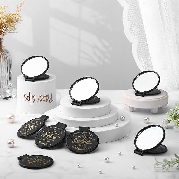 18 Pcs 2.76 Inch Inspirational Compact Mirror Bulk Women Small Gifts Graduation Party Favors Purse Mirror Pocket Mini Stuffer Items for Adult Coworker Cheerleader Employee (Black)