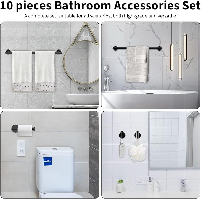 Newfun 10-Pieces Bathroom Hardware Set, Includes 24 Inch Towel Racks for Bathroom Wall Mounted, Toilet Paper Holder, Towel Hooks for Bathrooms, Towel Rings for Bathroom Wall (Matte Black)