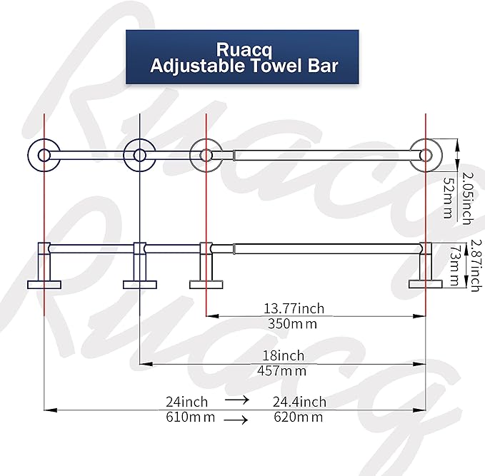 Ruacq Adjustable Towel Bar 13.7 to 24 Inch Bathroom Nickel Single Towel Bar Stainless Steel Modern Wall Mounted Round Towel Holders, Brushed Nickel
