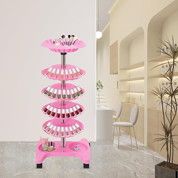 Nail Polish Trolley Organizer, 5 Tiers 360° Rotating Tray Nail Polish Spinning Rack Display Stand with Wheels, Display Rolling Cart for Spa Home Use