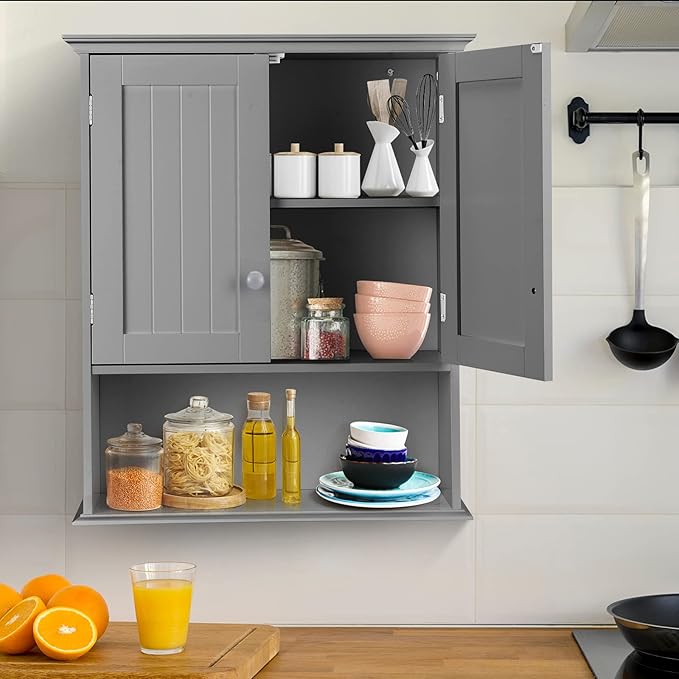 COSTWAY Wall Mounted Bathroom Cabinet, Over the Toilet Storage Cabinet w/Double Doors & Adjustable Shelf, Wood Hanging Medicine Cabinet for Living Room, Entryway, Kitchen (Gray)