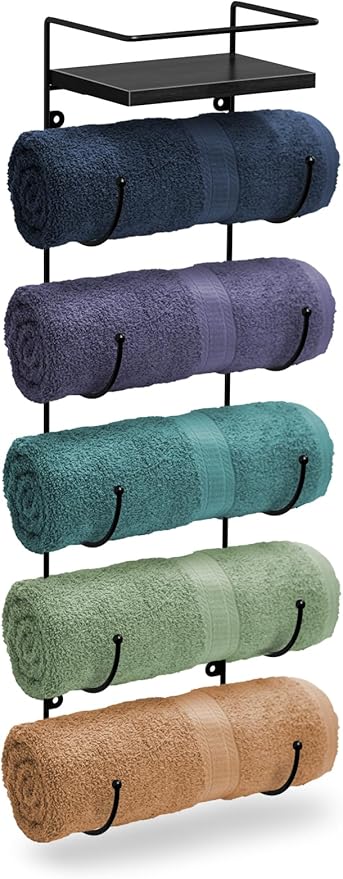 Sorbus Bathroom Towel Holder - 5 Tier Metal Towel Rack with Wood Shelf for Rolled Bath Towels, Washcloths, Linens, Hand Towels, Soaps & Accessories - Wall Mounted Towel Rack for Bathroom Towel Storage