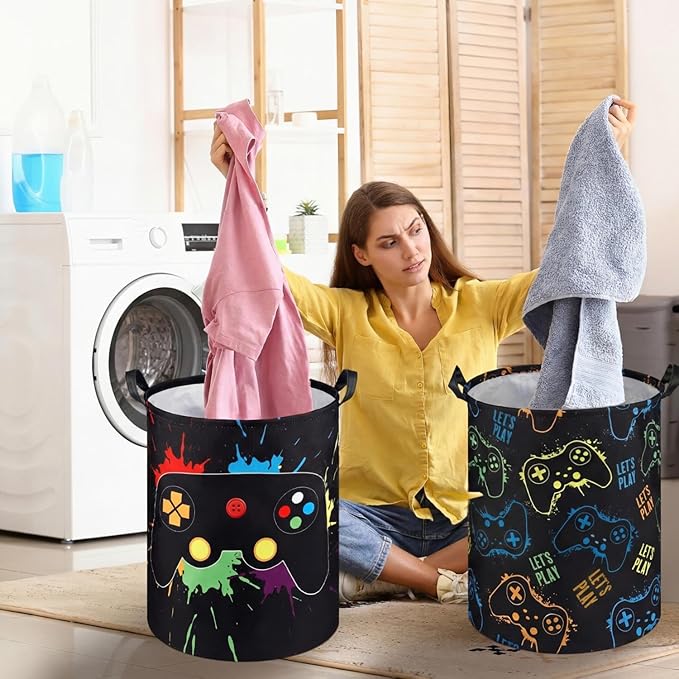 Zhehao 2 Pcs Easter Gamer Laundry Basket Boys Kids Laundry Hamper Gamer Room Decor Gaming Storage Basket Hamper Clothes Organizer Nursery Toy Storage Bin for Gifts Bedroom Bathroom Decoration(Stylish)