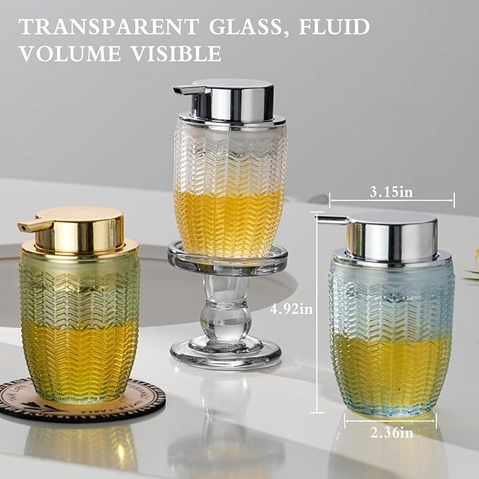 CICUFY Foaming Hand Soap & Lotion Dispenser, Refillable Glass with Large Gold Pump(Barrel Pattern-Green)