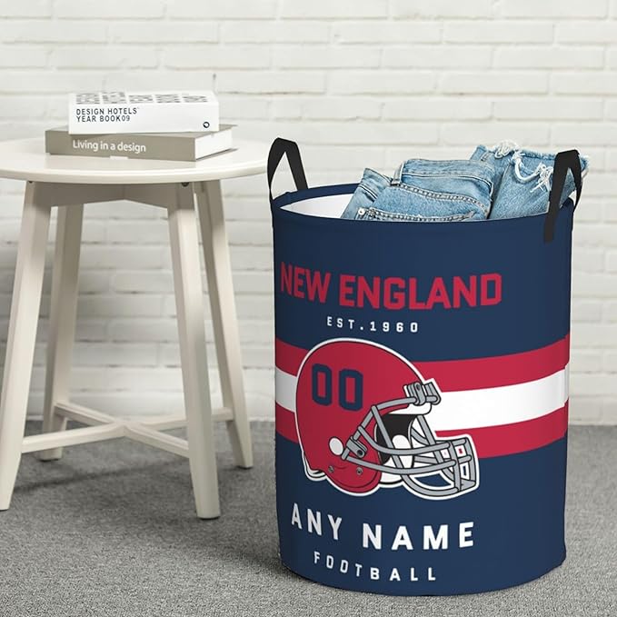 Custom New England Laundry Hamper - Personalized Football Style Laundry Basket - Customized Name And Number - Dirty Clothes Hamper Waterproof Large Capacity Hamper for Bedroom Bathroom Living Room
