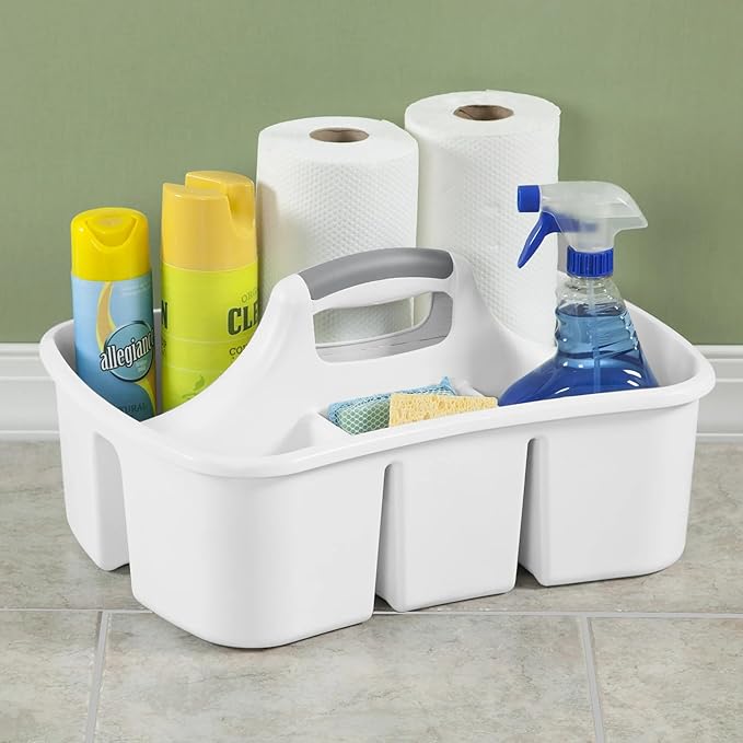 Large Plastic Utility Caddy with 4 Compartments – Heavy-Duty Storage Organizer for Cleaning Supplies, Sponges & Spray Bottles – Easy-Carry Handle (White)