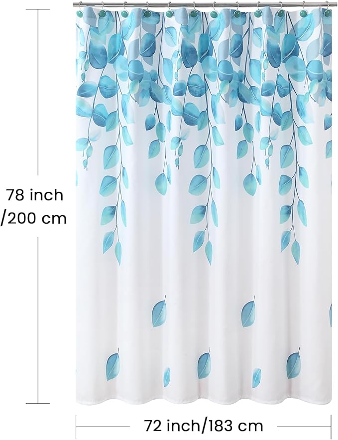 Fabric Shower Curtain 78 Inches Long, Blue Watercolor Eucalyptus Leaves Shower Curtain for Bathroom, 72" W x 78" H