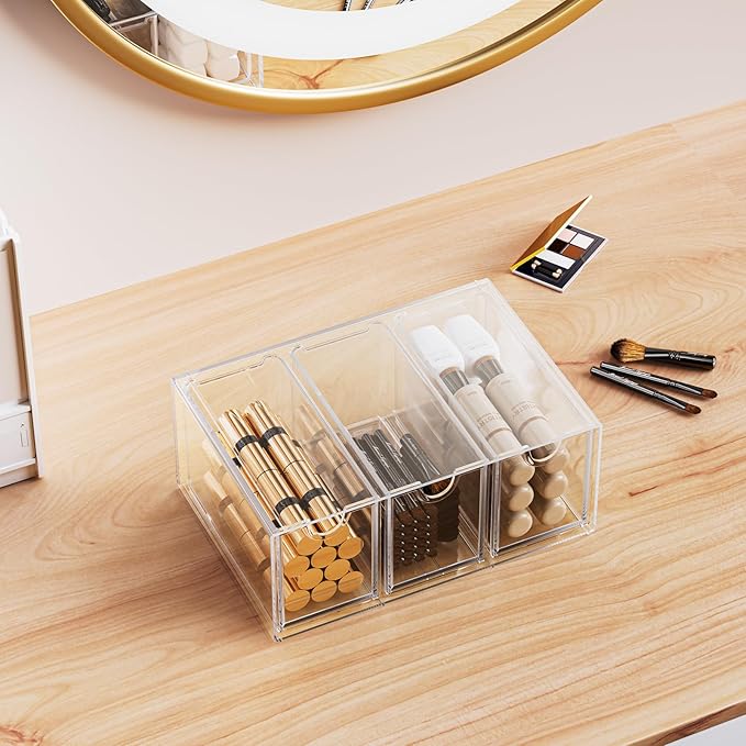 Hair Accessories Organizer for Girls, Clear Acrylic Hair Tie Bow Claw Clip Scrunchie Holder with 3 Drawers, Cute Stackable Storage Container Caddy Box for Bathroom Vanity Countertop