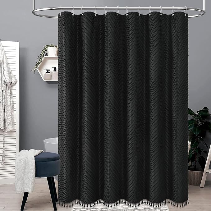 BTTN 78 Long Shower Curtain - 72x78 Boho Tufted Leaves Textured Striped Tassel Shower Curtain Set with Plastic Hook, Water Repellent, Modern Farmhouse Luxury Fabric Shower Curtains for bathroom, Black