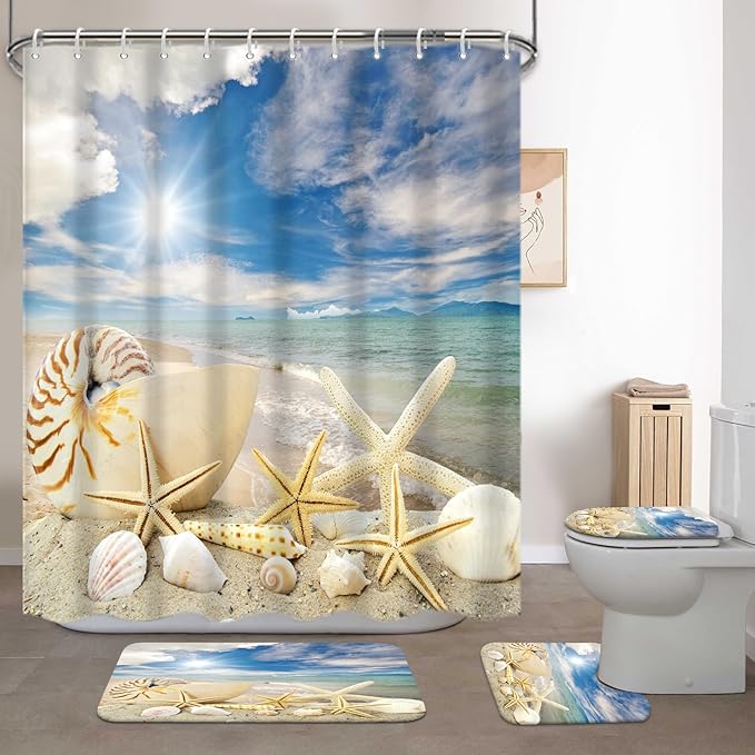 Lnond 4Pcs Summer Beach Shower Curtain Sets with Rugs, Starfish Shells Bathroom Sets with Shower Curtain and Rugs and Accessories
