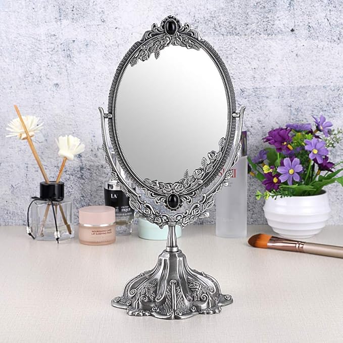 JUXYES Metal Tabletop Antique Decorative Makeup Mirror with Stand, Vintage Swivel Double Sided Cosmetic Mirror with Frame, Retro Desktop Oval Dressing Mirror for Bathroom Bedroom