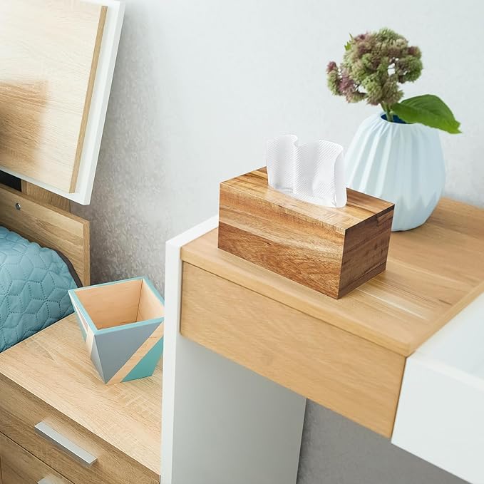 ALELION Rectangular Tissue Box Cover for 120, 160 Count Box - Acacia Wood Rectangle Tissue Box Holder - Decorative Facial Cube Tissue Box Cover for Tabletop Night Stands Bathroom Office