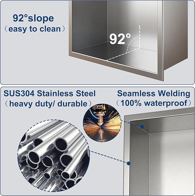 Neodrain 12X18 Inch Brushed Shower Niche, Double Shelf Stainless Steel No Tile Needed Bathroom Cabinet, Two Layer Recessed Built-in Wall Niche Waterproof
