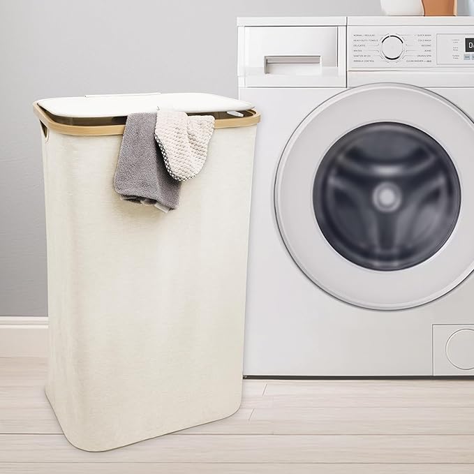 QUALIAZERO 87L Laundry Hamper with Lid ā Single Section Bamboo Frame Hamper with Removable Inner Bag & Pull-Tab Cover, Slim Design for Bedroom, Bathroom, or Laundry Room (FEATHER CREAM, SINGLE)
