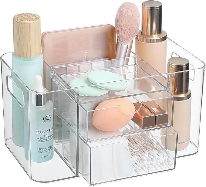 Hair Accessories Organizer for Girls & Women, 2-Drawer Clear Plastic Hair Brush Holder with 3 Compartments, Vanity Countertop Makeup Organizer for Hair Ties, Clips & Bobby Pins