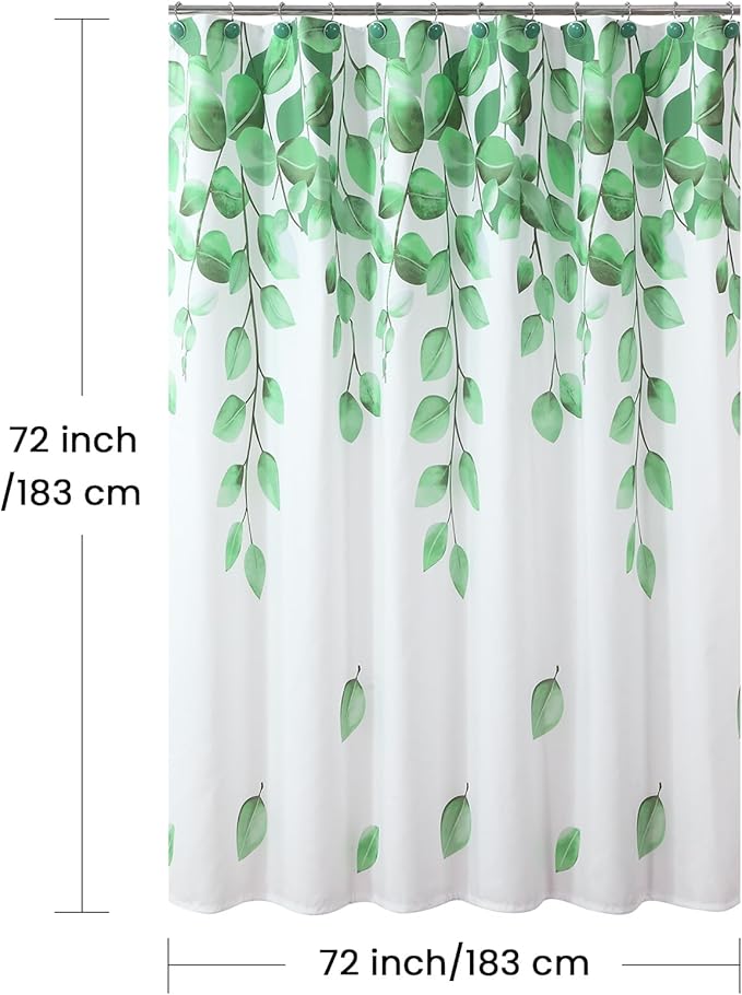 Fabric Shower Curtain, Green Watercolor Eucalyptus Leaves Shower Curtain for Bathroom, 72" W x 72" H