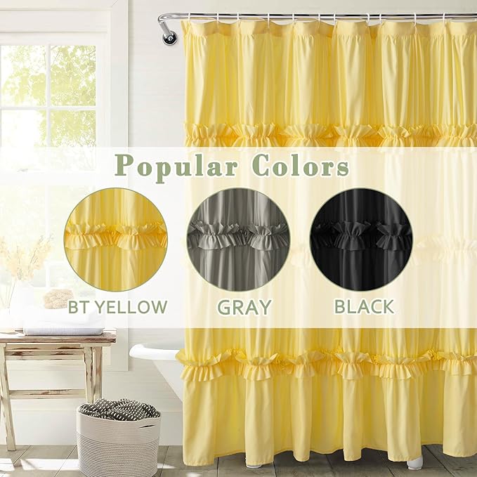 Farmhouse Ruffle Shower Curtain with Handmade Ruched, Vintage Ruffled Fabric Bathroom Curtains, Decorative Elegant Bathroom Curtain with 12 Holes, Bright Yellow, 72" W x 72" H(N60049)