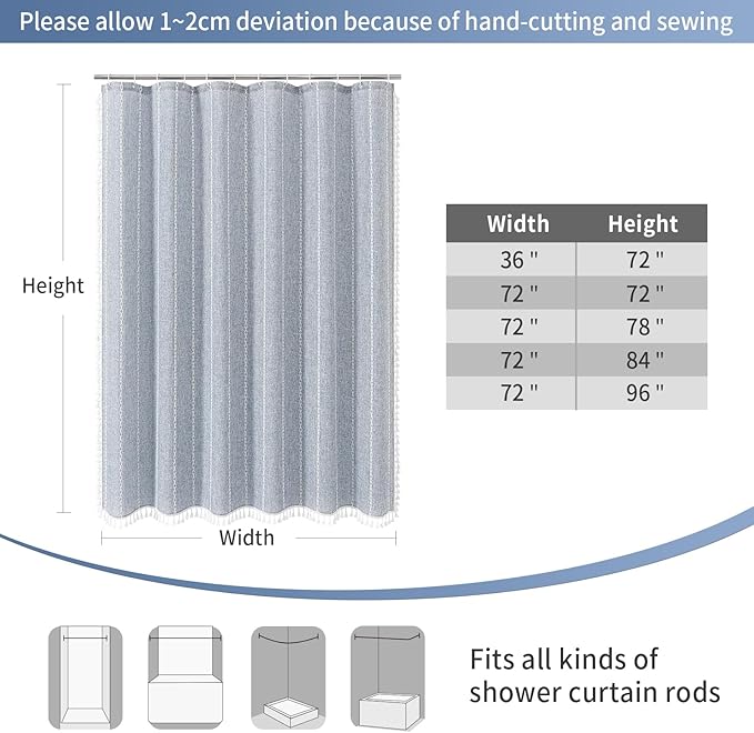 MitoVilla Boho Extra Long Shower Curtain 72 x 96, Blue Modern Farmhouse 96 inch XL Polyester Linen Texture Tassel Fabric Shower Curtain Set with Hooks for Cottagecore Country Bathroom Decor,Blue