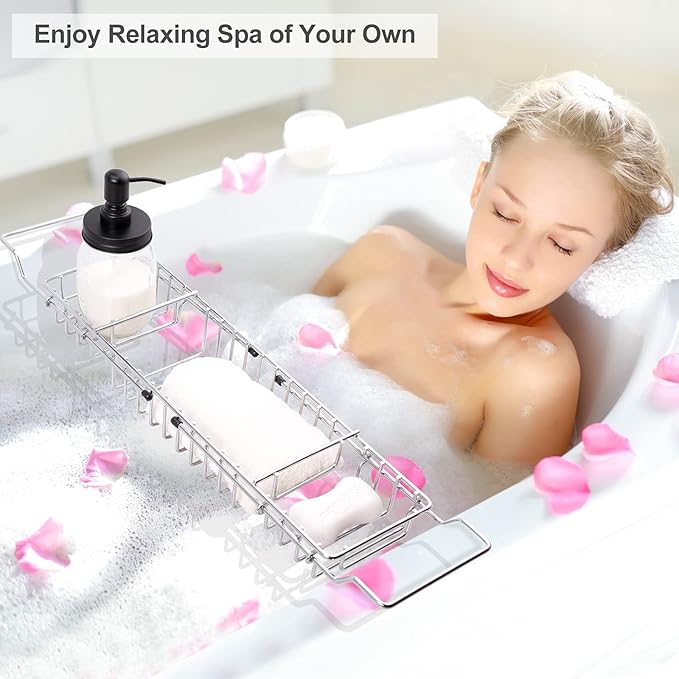 HOMEE Stainless Steel Shower Caddy Tray with Removable Book Holder, European Style Extendable Rectangular Bathroom Tray for Shower Bath Phone IPad Book Holder Candleholder Table Shelf - Silver