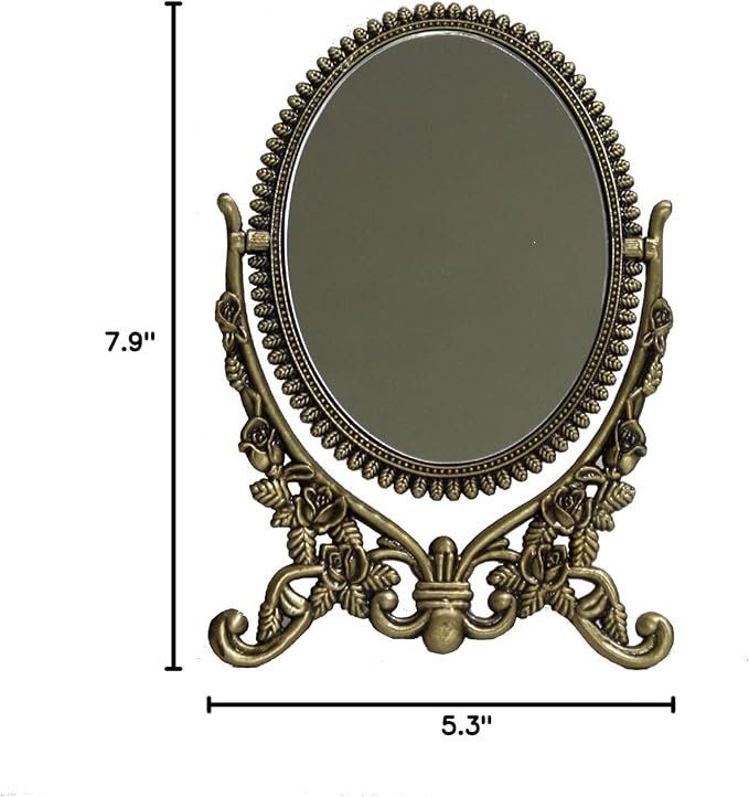 SEHAMANO Vintage Antique Embossed Roses Pattern Makeup Table Mirror, Decorative Oval Shaped Stand Mirror, Vanity Cosmetic Double Sided Rotatable Ellipse Metal Frame Mirror (Brass (Matt Gold), Medium)