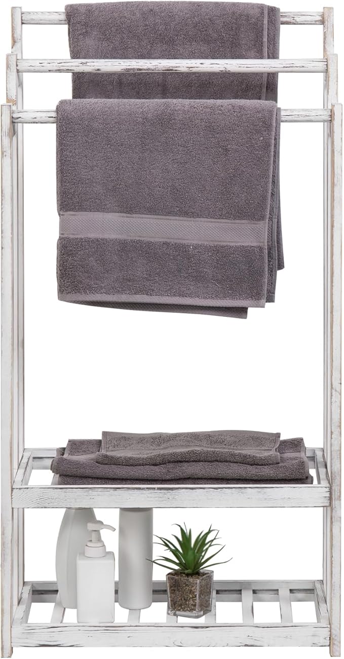 MyGift 3 Tier Bathroom Towel Rack Freestanding, Free Standing Bath Towel Drying Holder Stand with 2 Slatted Bottom Storage Organizer Shelf, Farmhouse Whitewashed Solid Wood