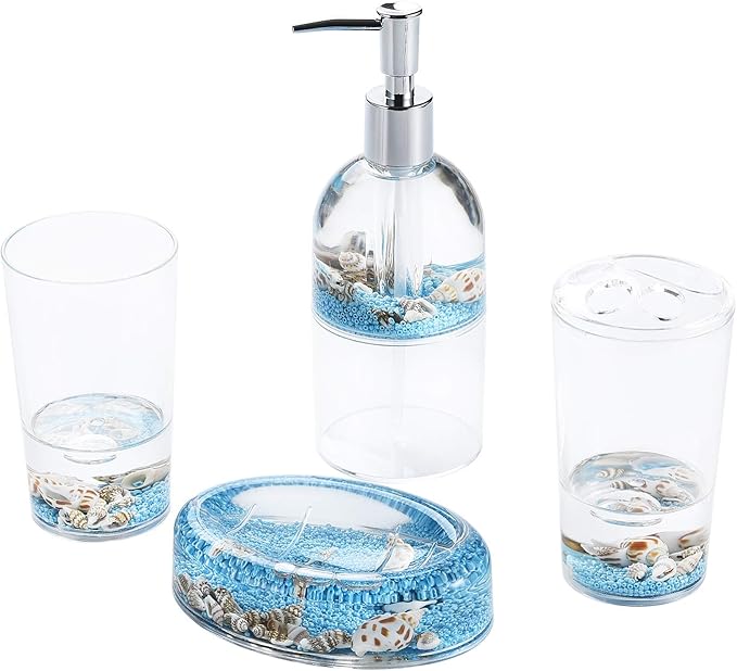 Locco Decor 4 Piece Acrylic Liquid 3D Floating Motion Bathroom Vanity Accessory Set Oceam Theme Sea Shell Conch Toothbrush Holder, Tumbler, Soap Dispenser, Soap Dish