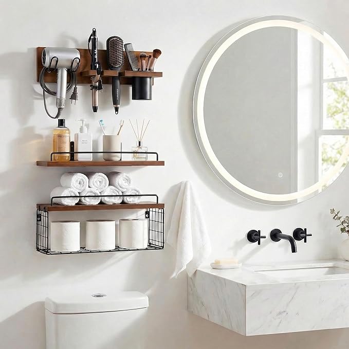 Wall Mounted Bathroom Organizer Shelves Over Toilet, 3-Tier Rustic Wooden Floating Shelf with Metal Basket and Hair Care Styling Tool Holder for Toilet Paper, Towels & Toiletries, Bathroom Decor