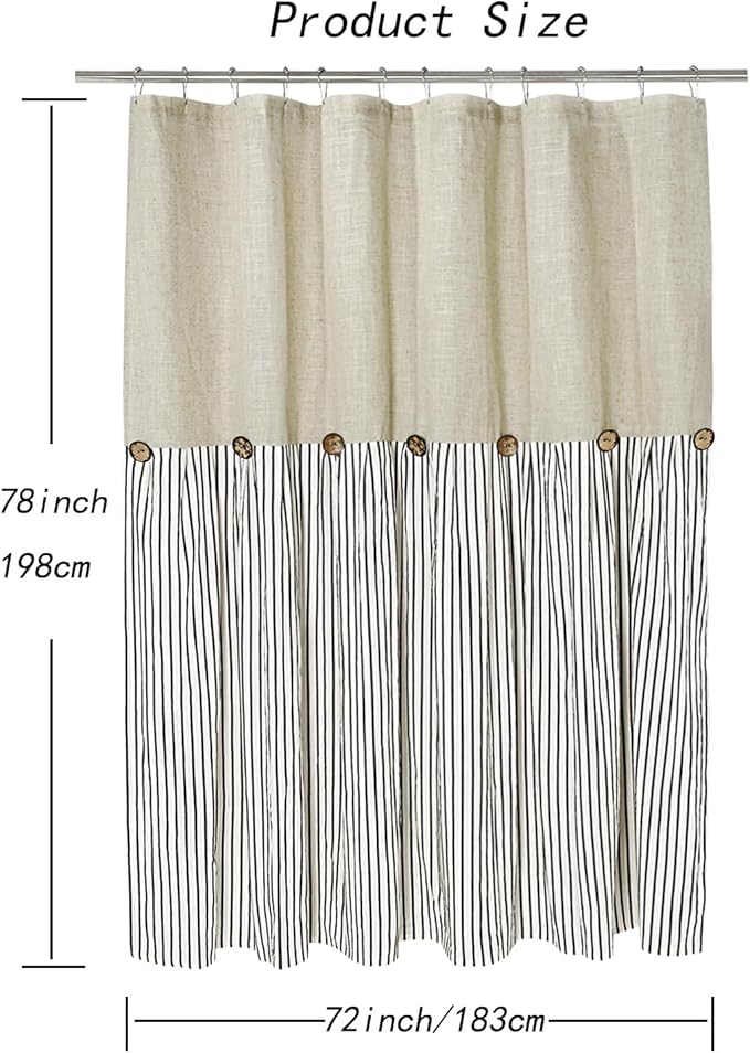 Farmhouse Shower Curtain,Beige and Black Stripe,Button Curtain,Linen and Cotton Woven Fabric,Rustic Charm Country Chic Style,72x78 in