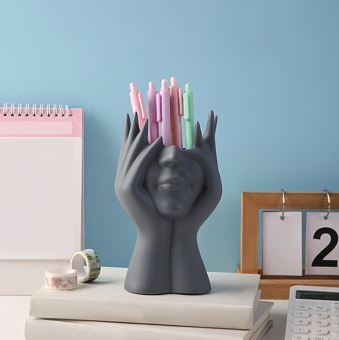 Make Up Brush Holder Organizer Face-Shaped Pen Holder Vase Organizer Abstract Art Face Hand Design Travel Cosmetic Holder | Makeup Organizer For Brushes (gray)