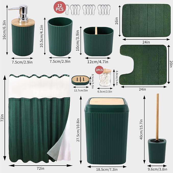 23 Pieces Bathroom Set with Shower Curtain and Rugs, Green Bathroom Accessory Set, Shower Curtain with Liner, Memory Foam Bathroom Rugs, Toilet Brush, Trash Can, Soap Dispenser, Countertop Set