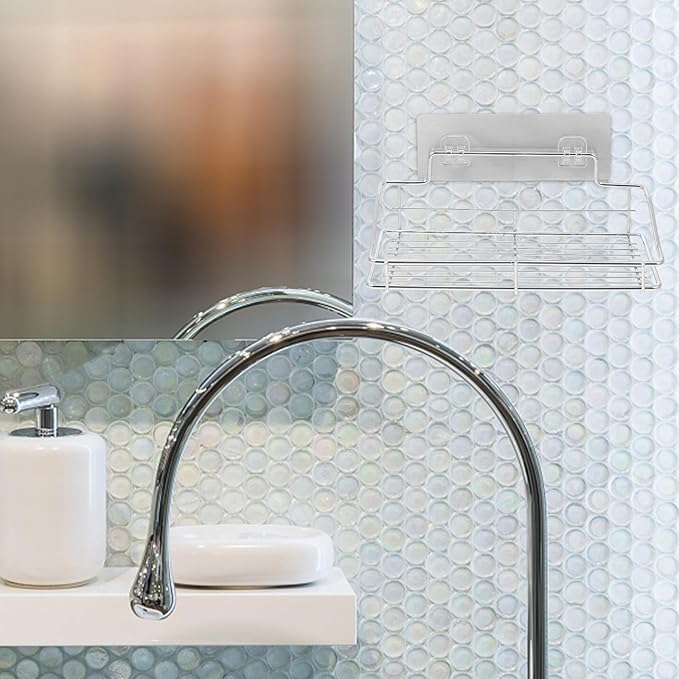 Stainless Steel Wall-Mounted Draining Storage Rack with Inner Box, Bathroom and Kitchen Toiletry Shelf, Nail-Free Floating Shelf for Organizing Supplies and Accessories