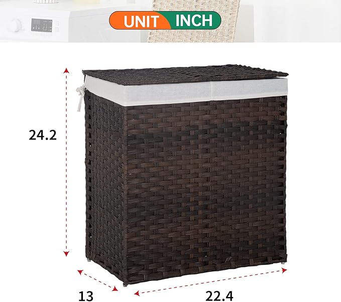Paylesshere Laundry Basket Handwoven Laundry Hamper 90L/110L Foldable Rattan Hamper With Lid,2 Removable Liner Bags & 6 Laundry Bags,Clothes Hamper Bathroom Laundry Basket,Brown