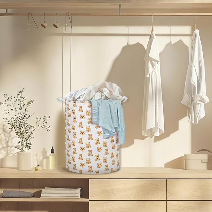 Bear Nursery Kids Laundry Basket Hamper, Cute Brown Little Bears Foldable Clothes Toys Books Storage Box Bins Baskets Organizer for Nursery Kids Room Bedroom Playroom