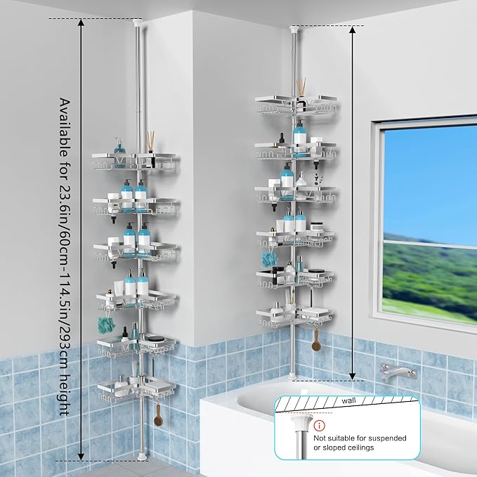 KEGII 6-Tier Corner Shower Caddy Tension Pole, Adjustable Shower Tension Rod Organizer, Floor to Ceiling Shower Caddy 25-114.2 inch, Silver