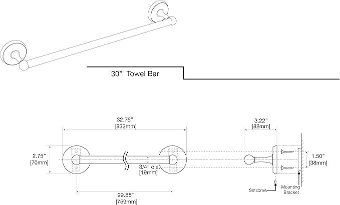 Gatco 5058 Designer II Towel Bar, Wall-Mounted Bathroom Towel Holder, 30" Length Brushed Brass Finish