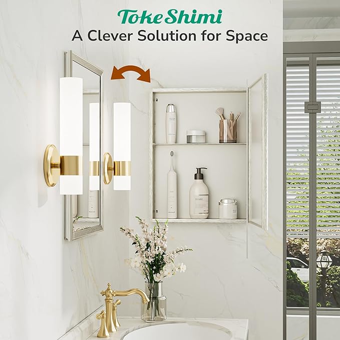 TokeShimi 12 x 36 Brushed Nickel Recessed Medicine Cabinet with Mirror, Assembly Required, Bathroom Medicine Cabinet with Mirror, Stepless Adjustable Shelves, Beveled Aluminum Frame, DTC Hinge
